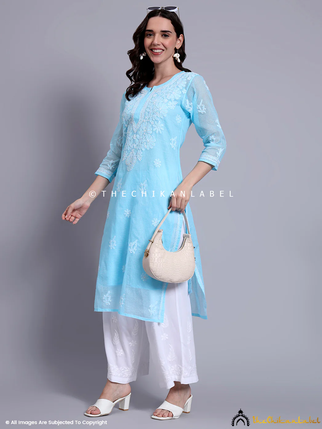 Akshara Kota Cotton Chikankari Straight Kurti with inner - Sky Blue - Image 6
