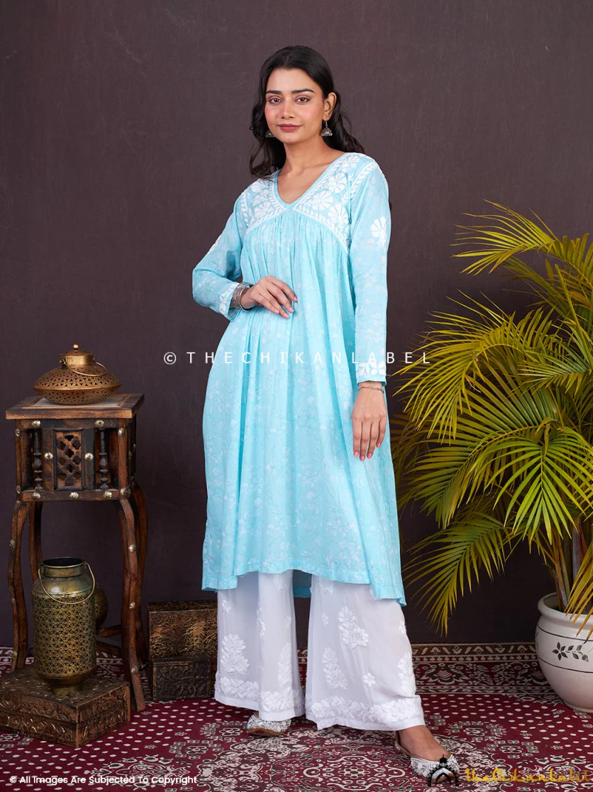 Alia Mulmul Chikankari Anarkali -Sky Blue - Image 10