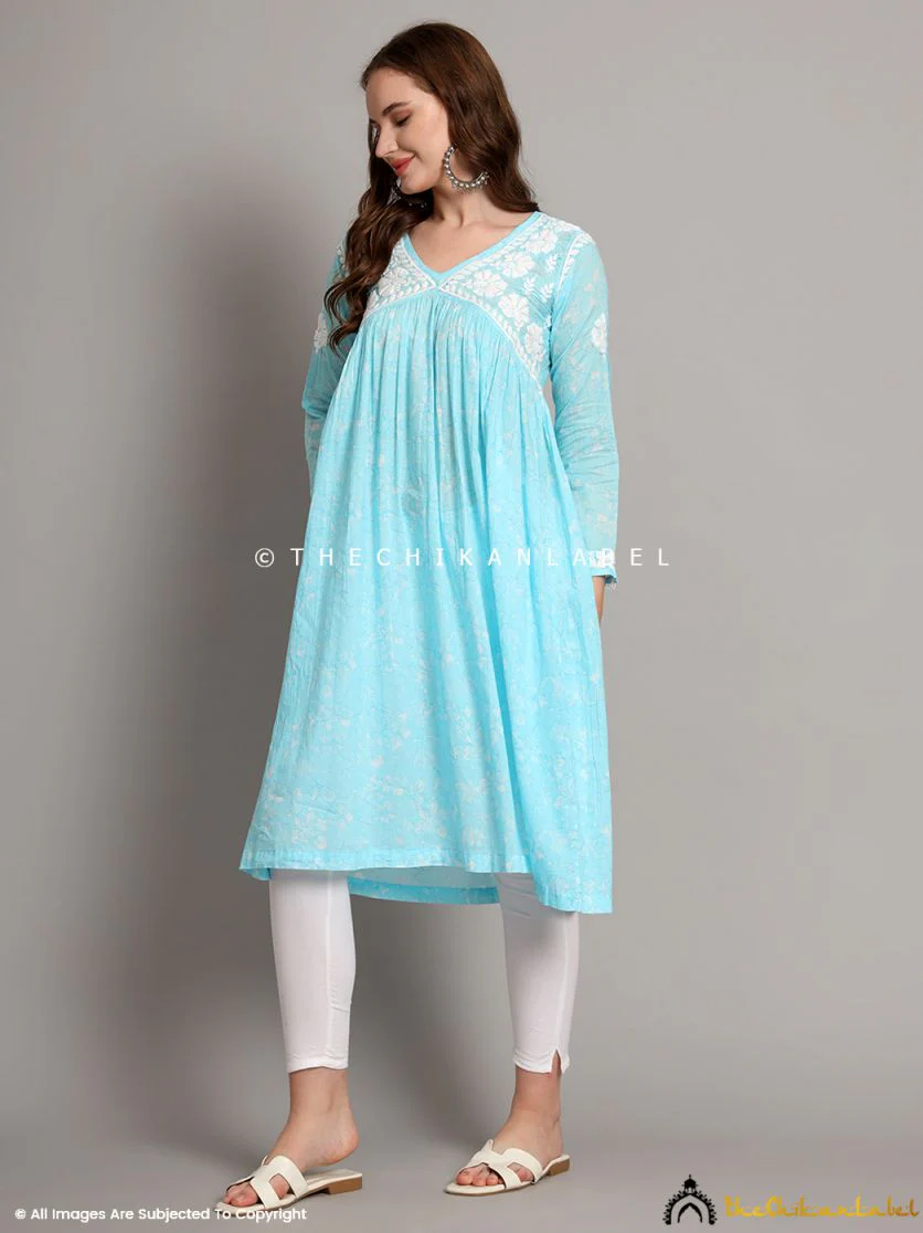 Alia Mulmul Chikankari Anarkali -Sky Blue - Image 4