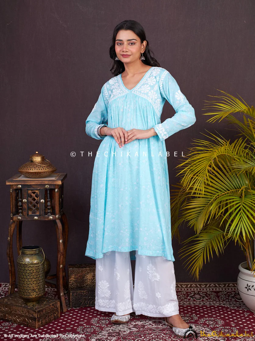 Alia Mulmul Chikankari Anarkali -Sky Blue - Image 7