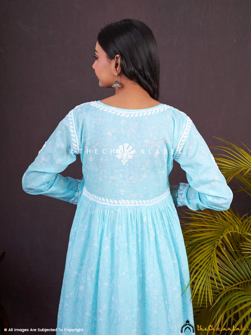 Alia Mulmul Chikankari Anarkali -Sky Blue - Image 9