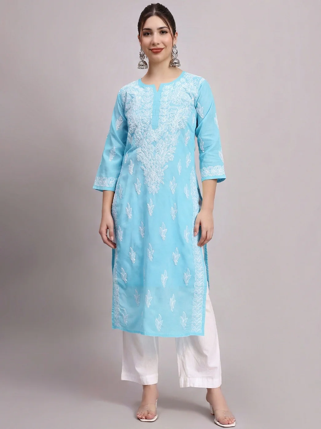 Sky Blue Layla Cotton Chikankari Straight Kurti with inner