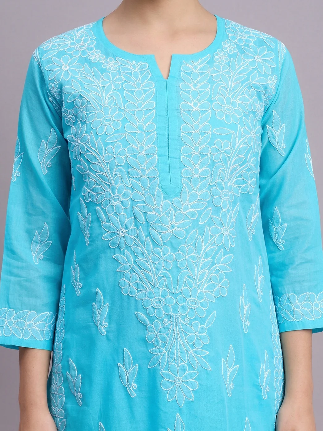 Sky Blue Layla Cotton Chikankari Straight Kurti with inner - Image 2