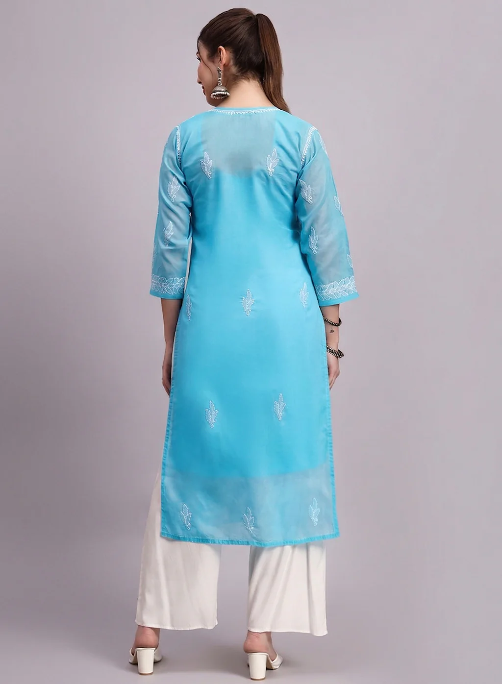 Sky Blue Layla Cotton Chikankari Straight Kurti with inner - Image 3