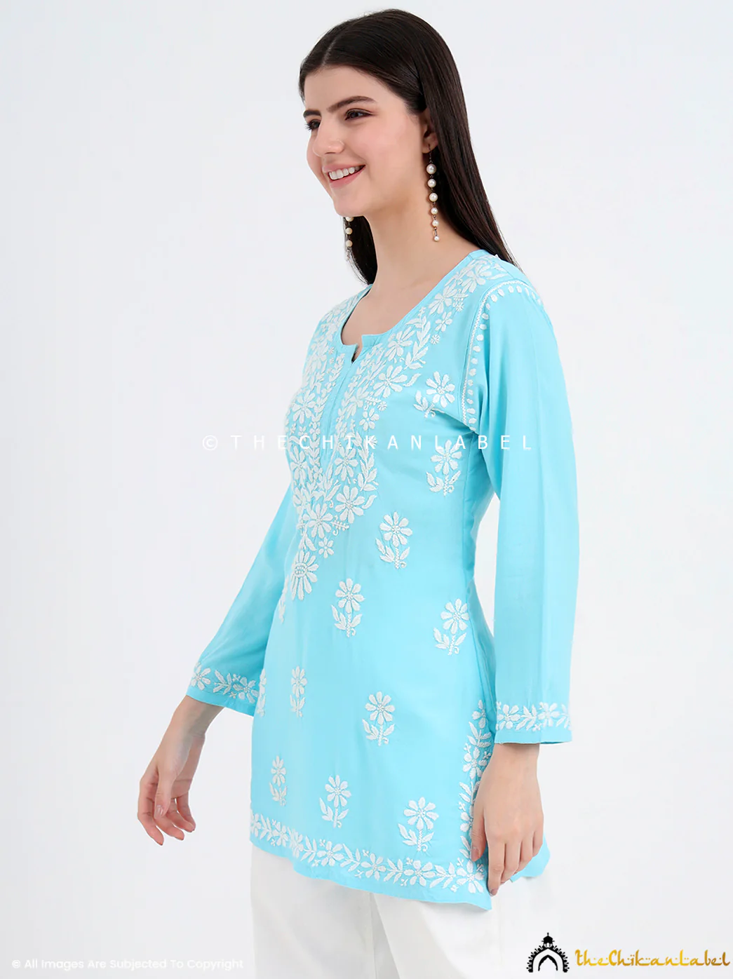 Ruzina Rayon Chikankari Short Top - Sky Blue - Image 3