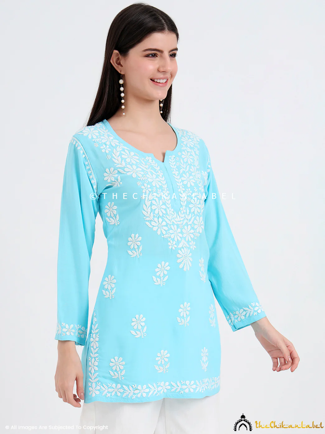 Ruzina Rayon Chikankari Short Top - Sky Blue - Image 4