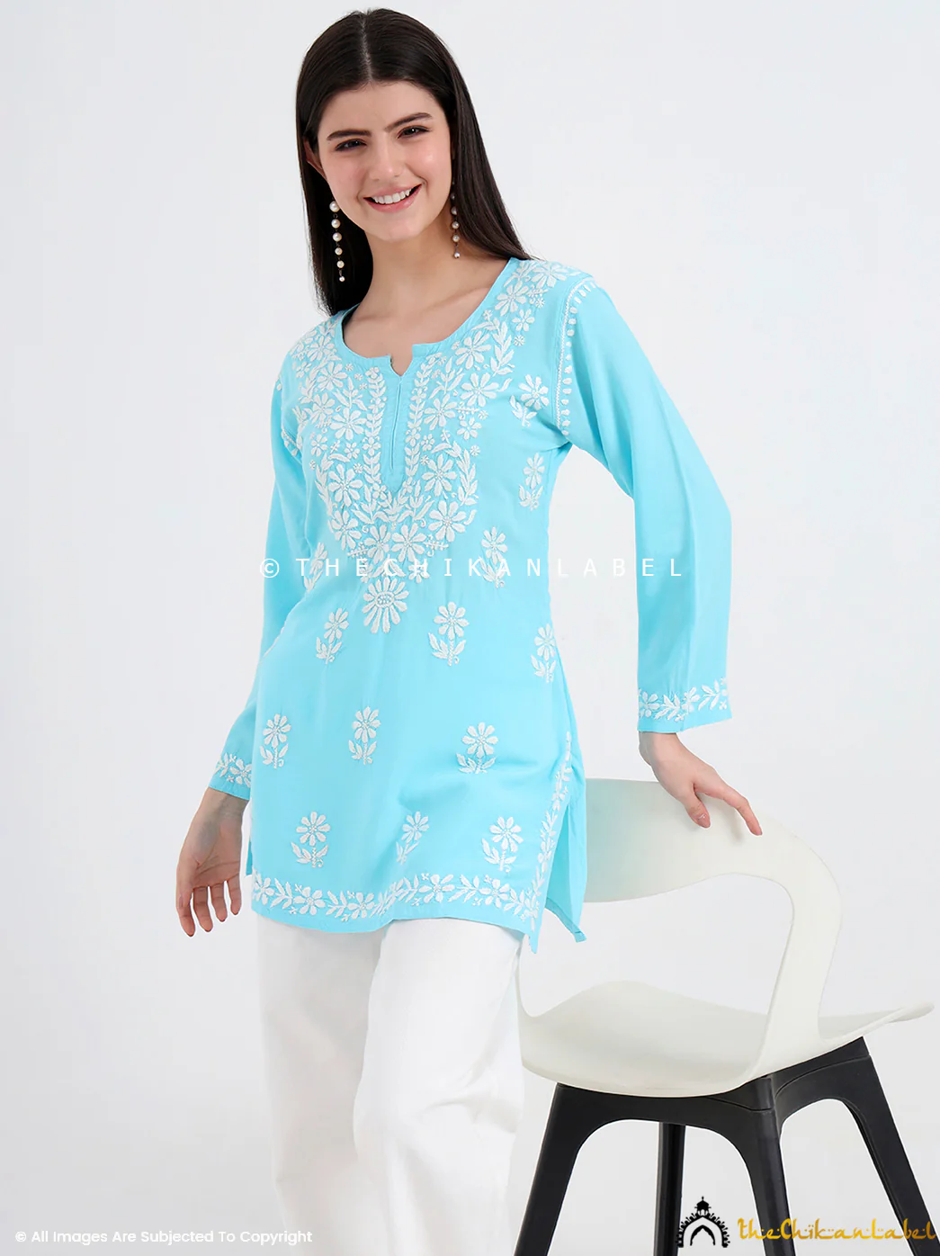 Ruzina Rayon Chikankari Short Top - Sky Blue - Image 5