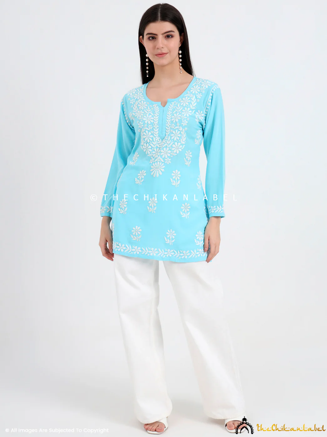 Ruzina Rayon Chikankari Short Top - Sky Blue - Image 7