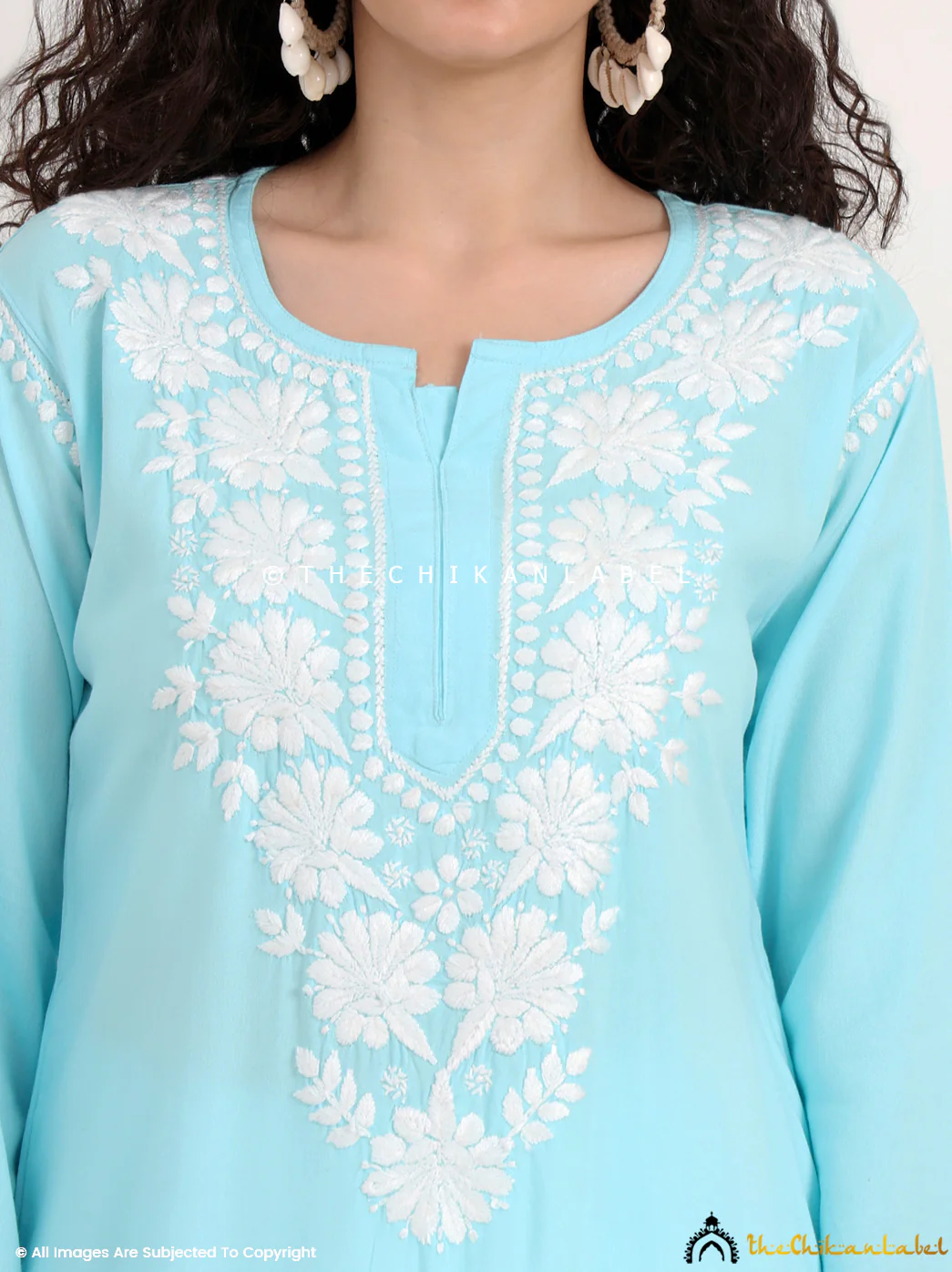 Sabreen Rayon Chikankari Straight Kurti - Sky Blue - Image 2