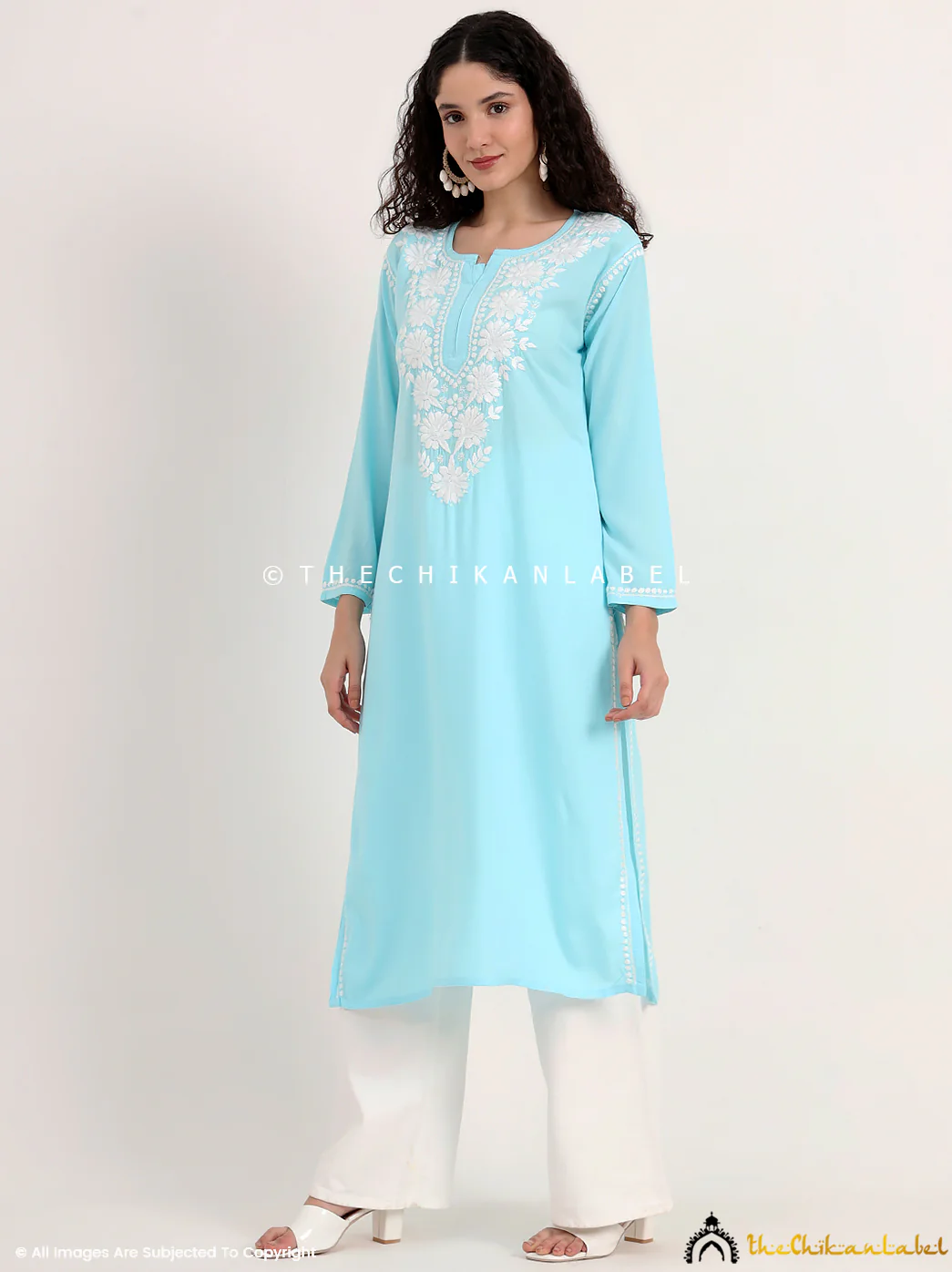 Sabreen Rayon Chikankari Straight Kurti - Sky Blue - Image 4