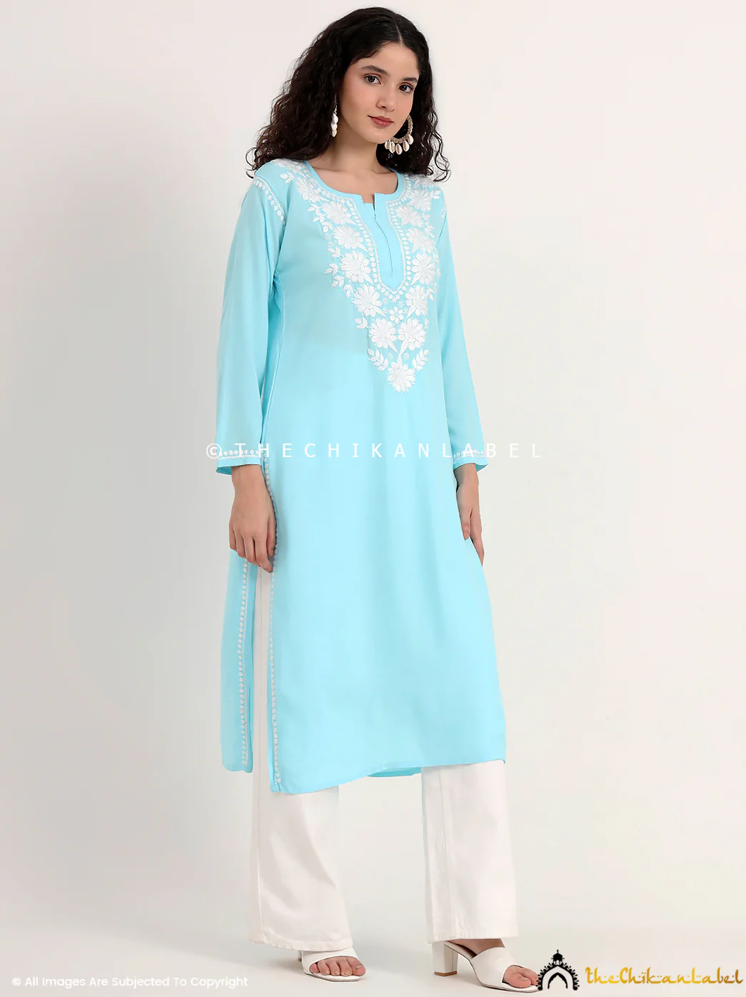 Sabreen Rayon Chikankari Straight Kurti - Sky Blue - Image 5