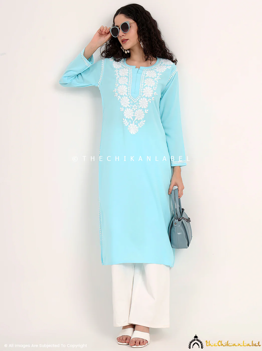 Sabreen Rayon Chikankari Straight Kurti - Sky Blue - Image 6