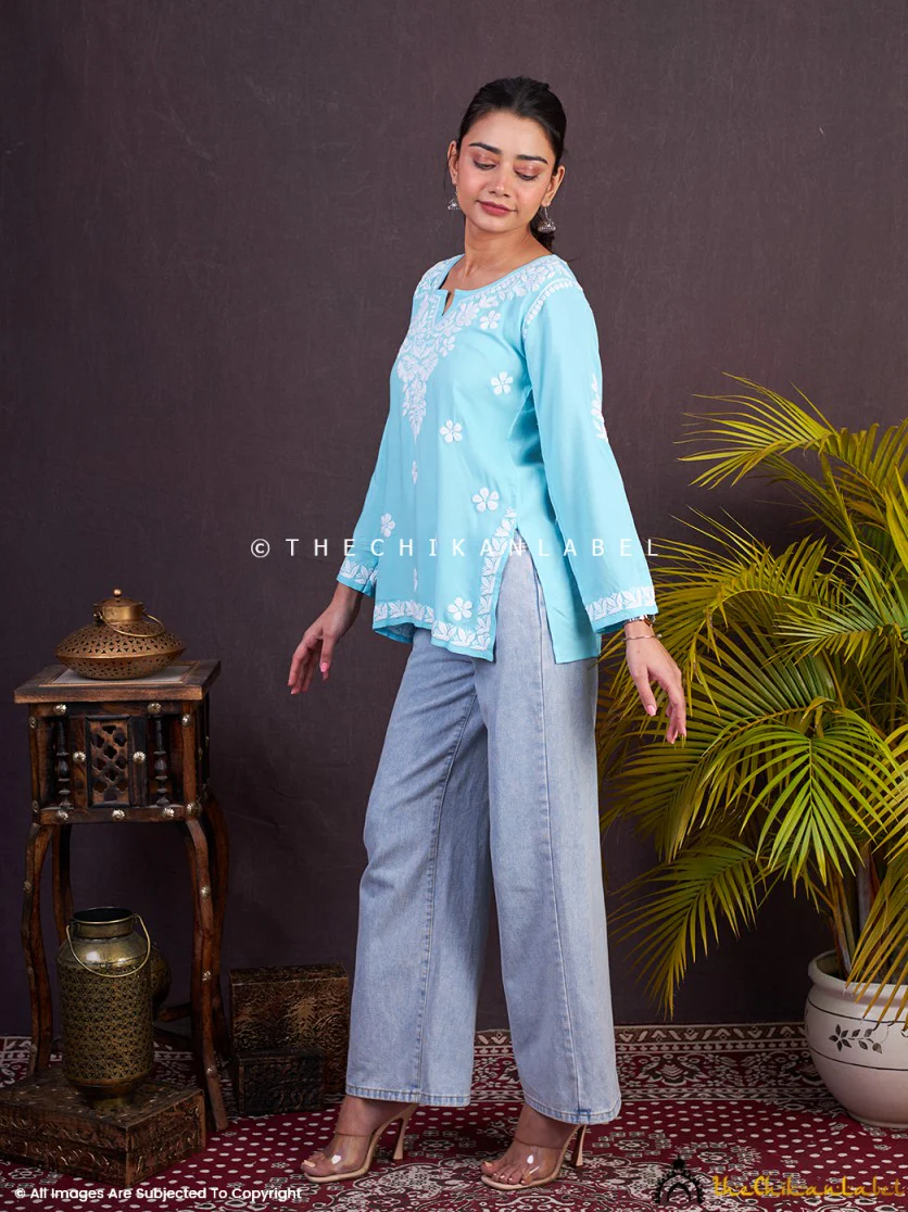 Sangeet Modal Chikankari Short Kurta-Sky Blue - Image 3