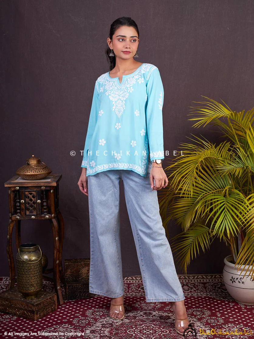 Sangeet Modal Chikankari Short Kurta-Sky Blue - Image 4