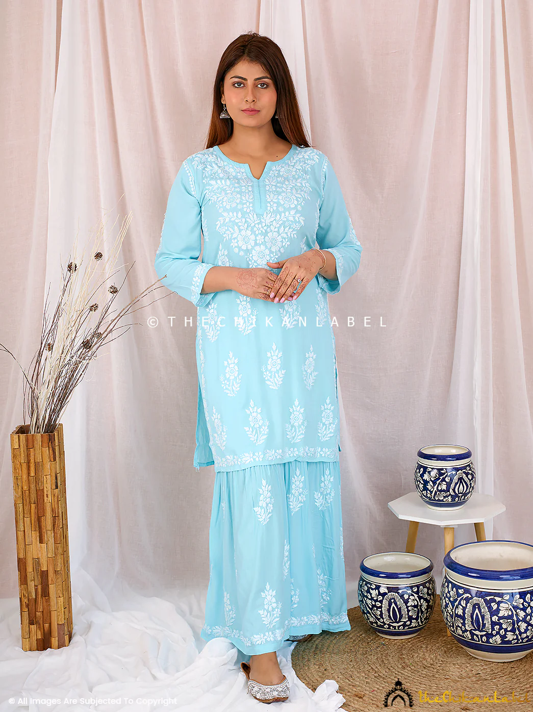 Sky Blue Sun Modal Chikankari Kurta Garara Set - Image 2