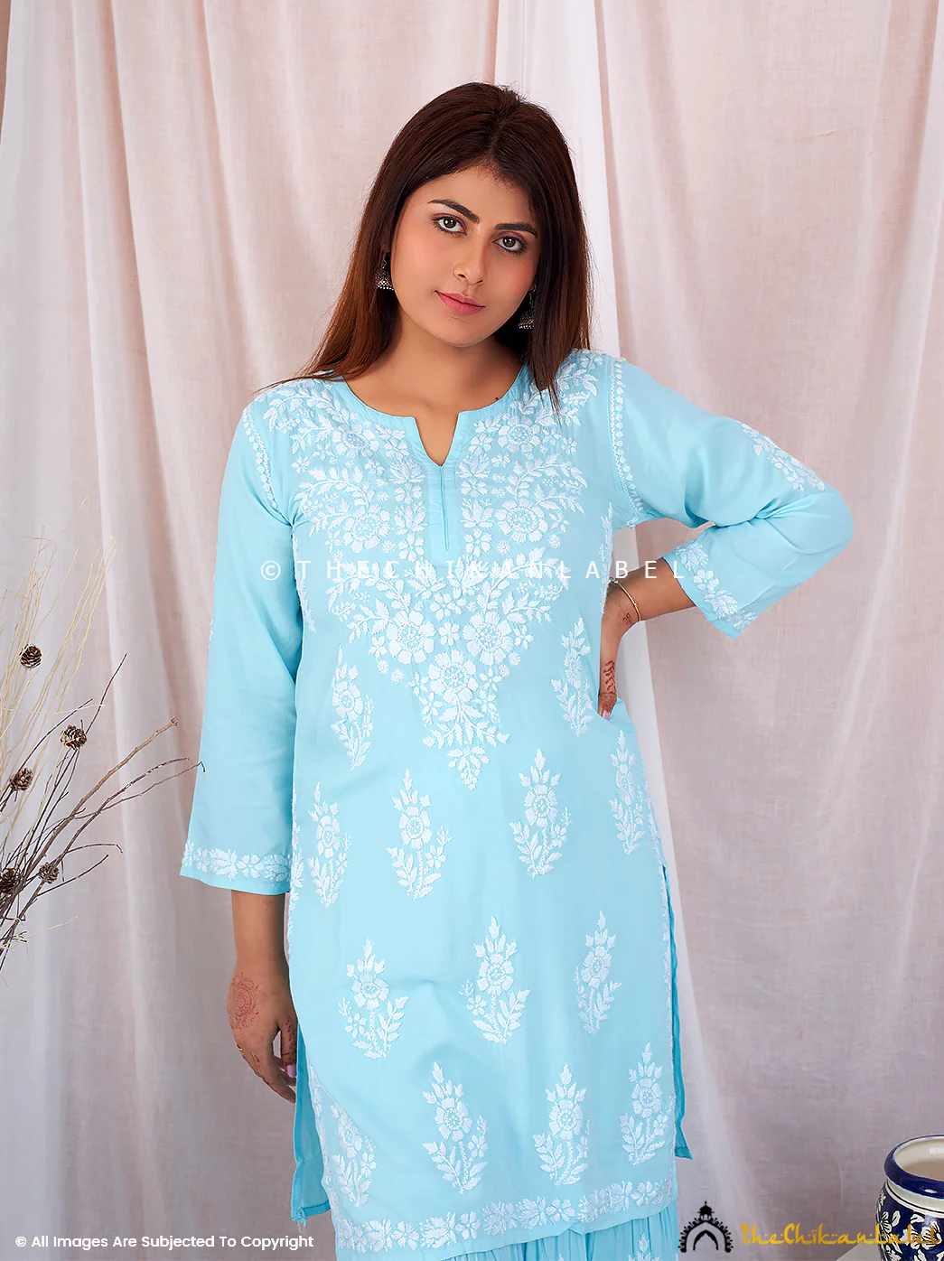 Sky Blue Sun Modal Chikankari Kurta Garara Set - Image 3