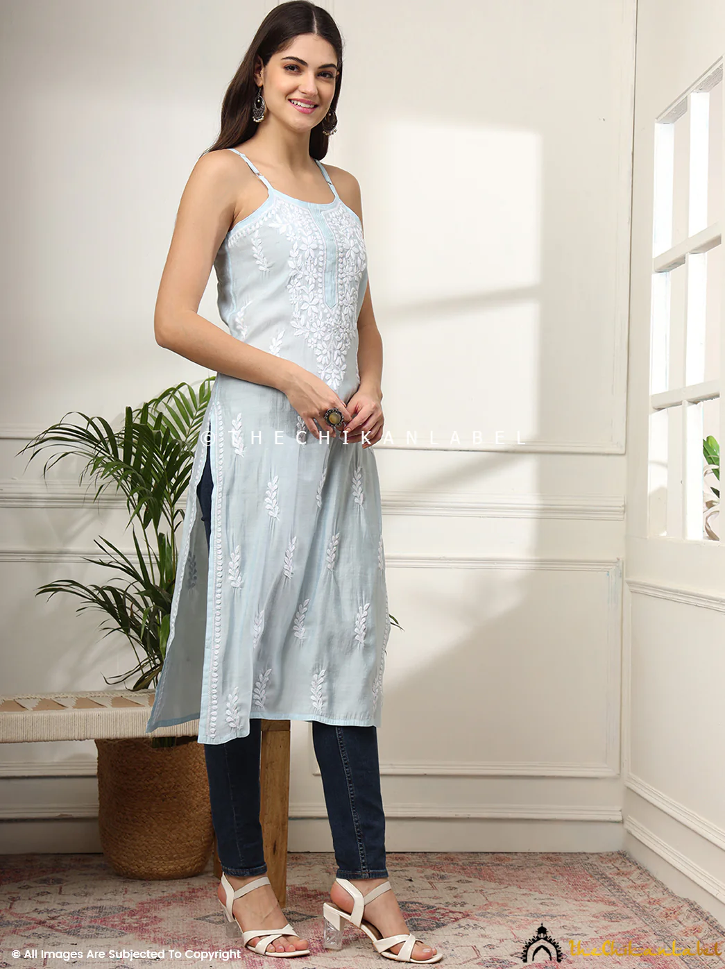 Zubaida Chanderi Chikankari Strappy Kurta - Sky Blue - Image 5