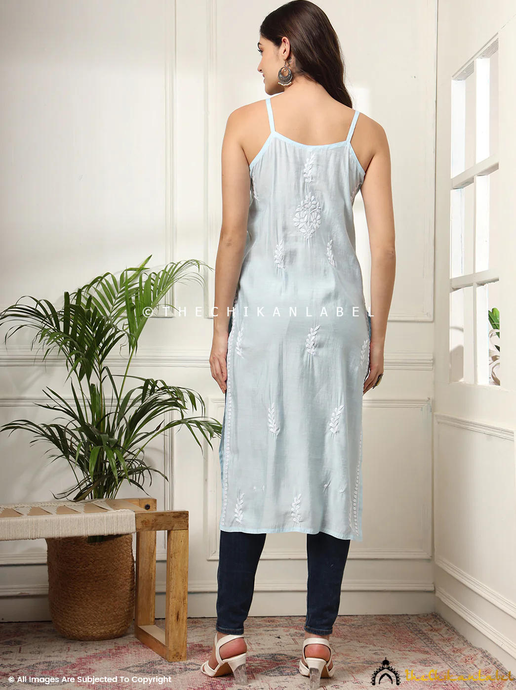 Zubaida Chanderi Chikankari Strappy Kurta - Sky Blue - Image 6