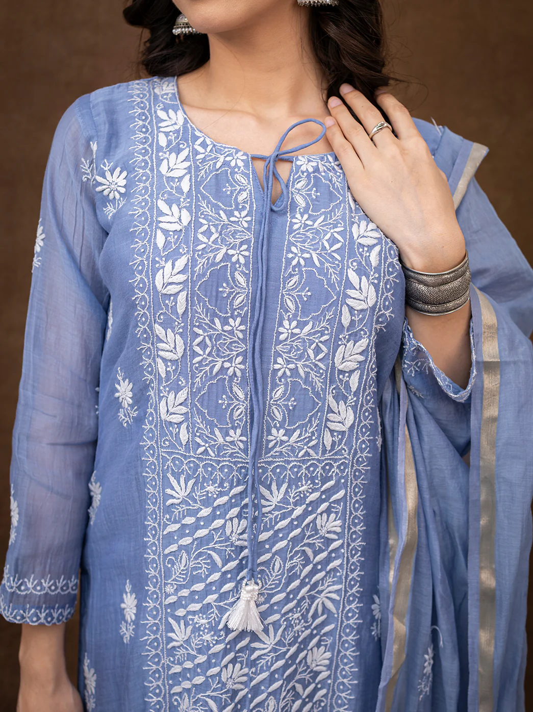 Sofiyana Mul Chanderi Chikankari Kurta Set with Dupatta - Blue - Image 2