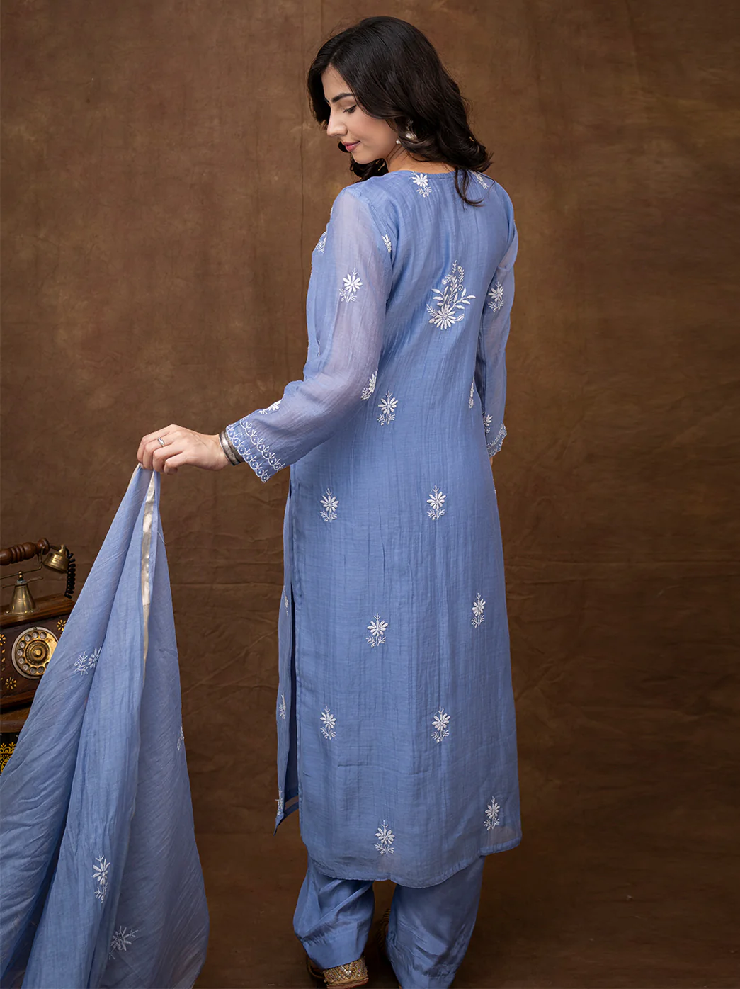 Sofiyana Mul Chanderi Chikankari Kurta Set with Dupatta - Blue - Image 3