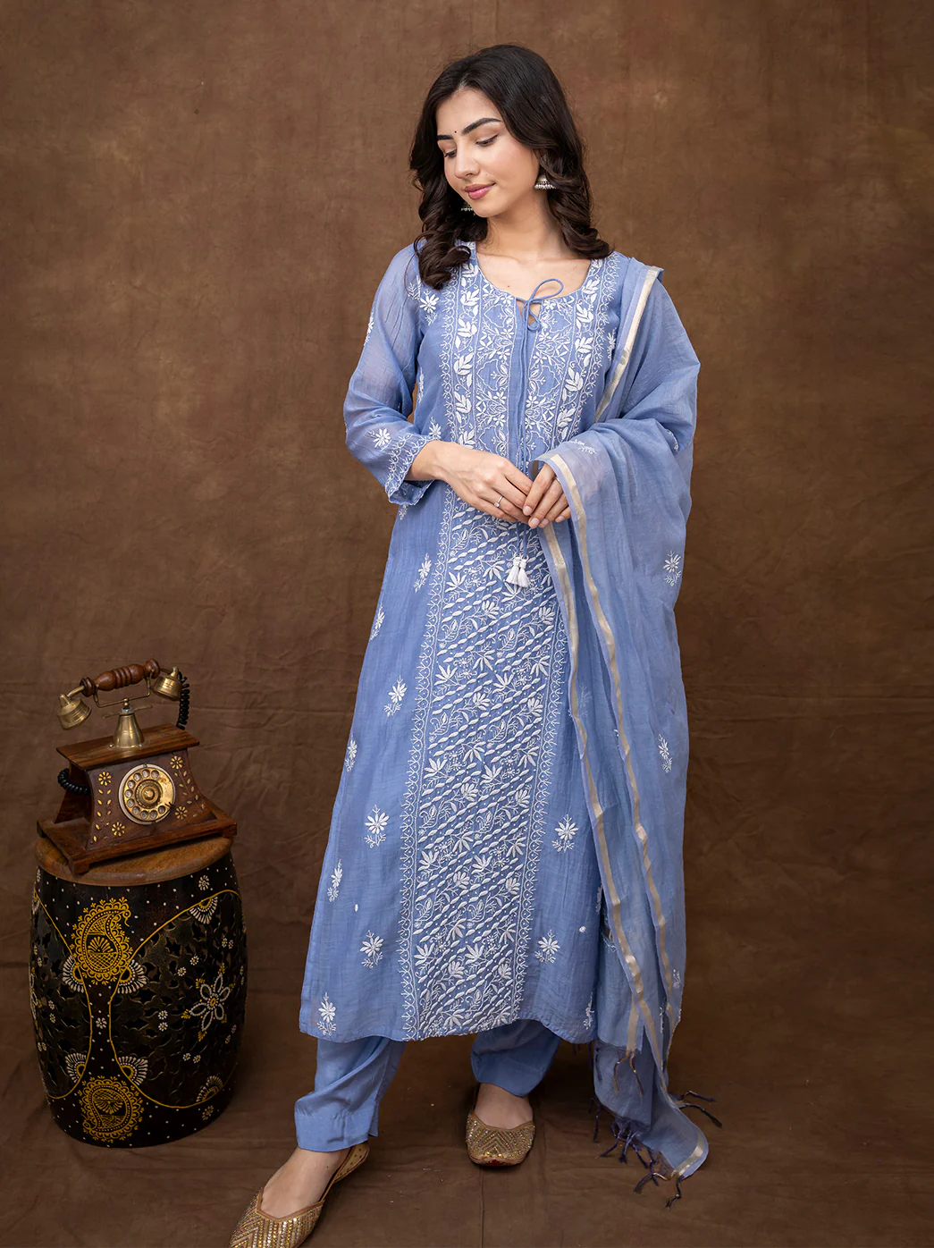 Sofiyana Mul Chanderi Chikankari Kurta Set with Dupatta - Blue - Image 4