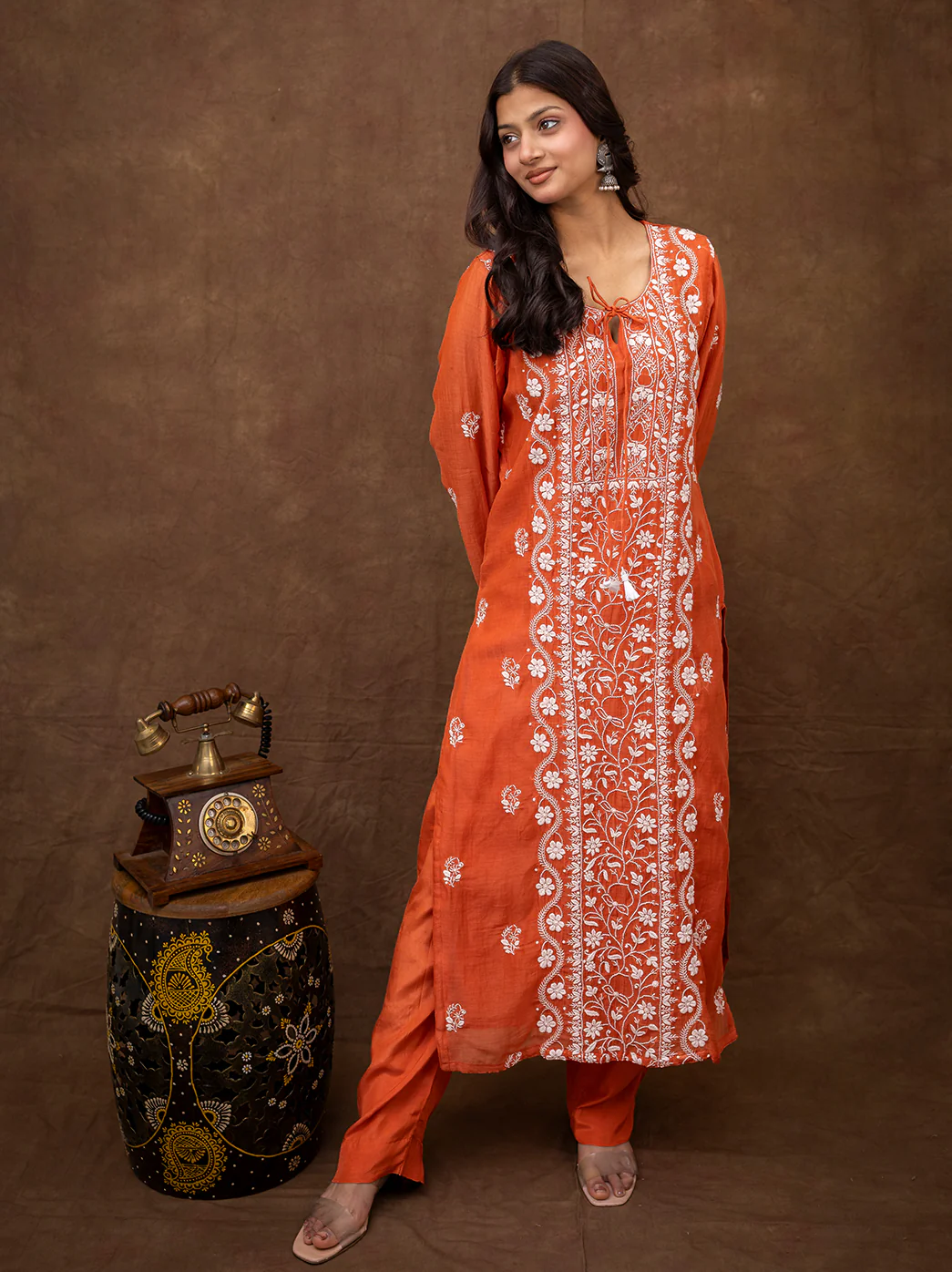 Sofiyana Mul Chanderi Chikankari Kurta Set with Dupatta - Orange - Image 4