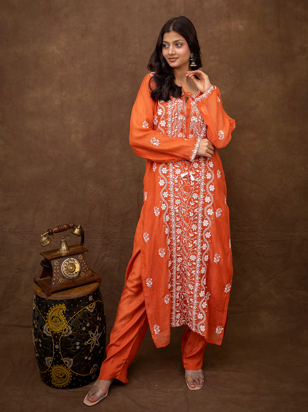 Sofiyana Mul Chanderi Chikankari Kurta Set with Dupatta - Orange - Image 5
