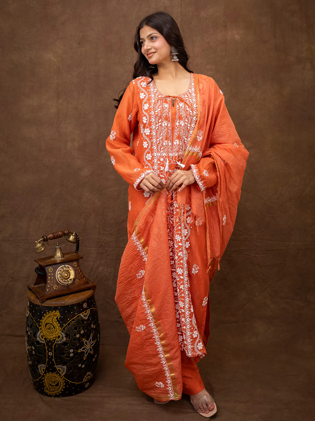 Sofiyana Mul Chanderi Chikankari Kurta Set with Dupatta - Orange - Image 6