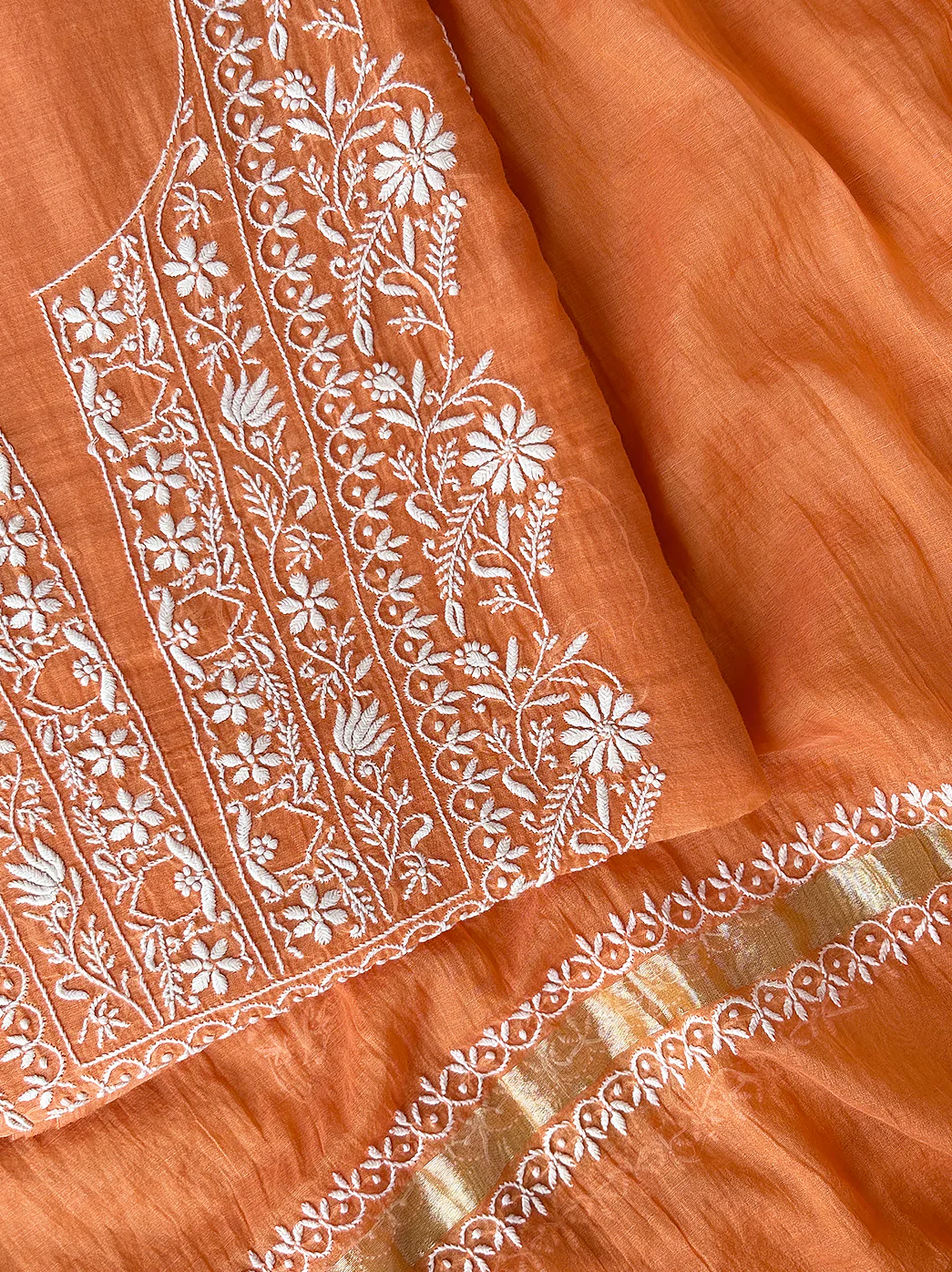 Sofiyana Mul Chanderi Un-stitched Chikankari Kurti Piece with Dupatta - Amber Orange - Image 2