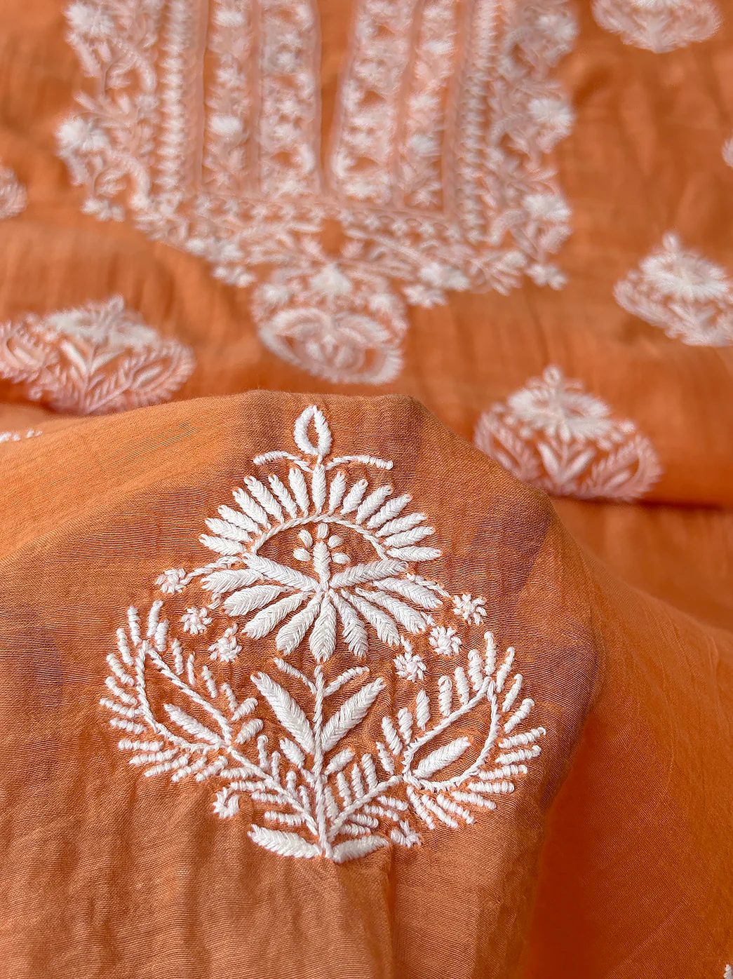 Sofiyana Mul Chanderi Un-stitched Chikankari Kurti Piece with Dupatta - Amber Orange - Image 7