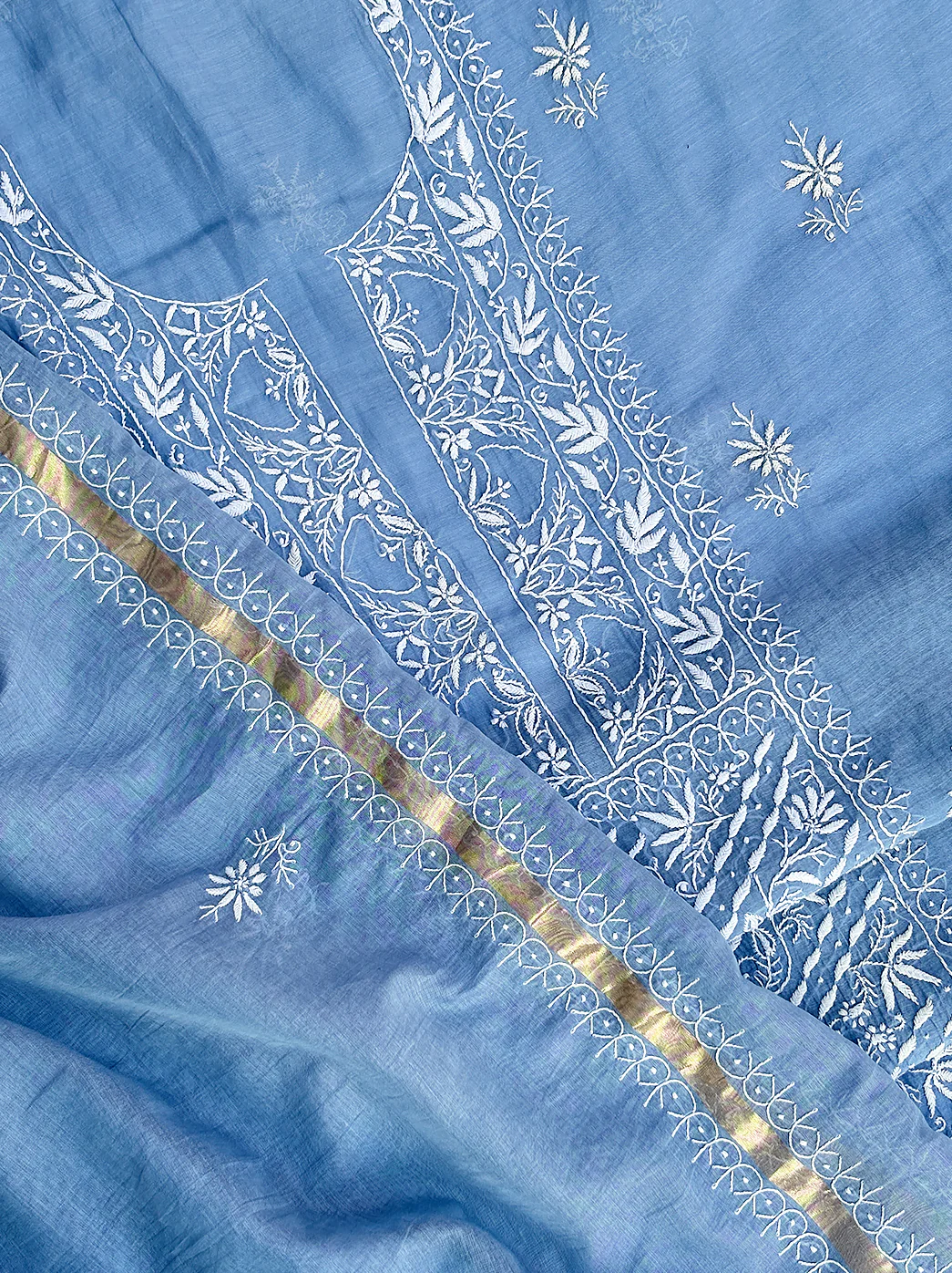 Sofiyana Mul Chanderi Un-stitched Chikankari Kurti Piece with Dupatta - Blue - Image 3