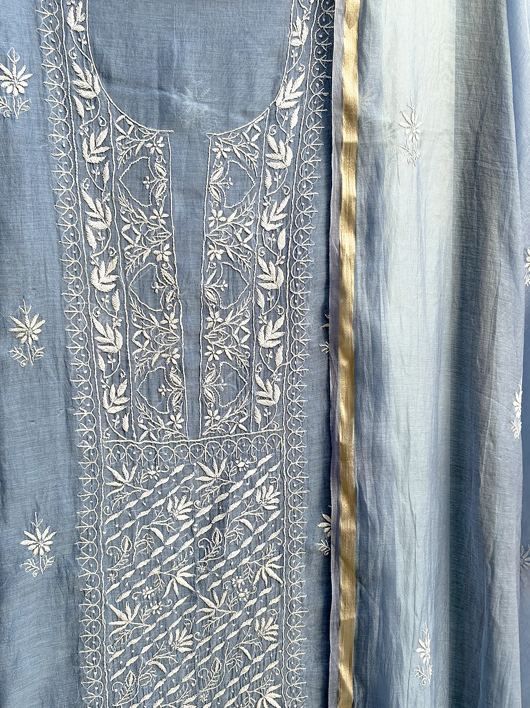 Sofiyana Mul Chanderi Un-stitched Chikankari Kurti Piece with Dupatta - Blue - Image 4