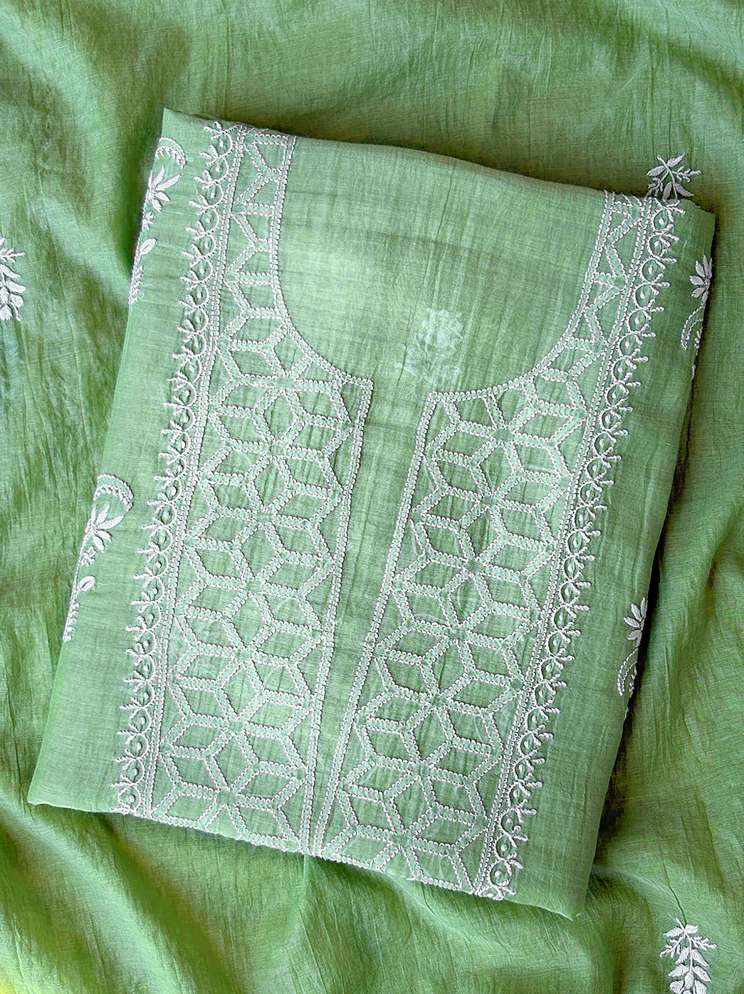 Sofiyana Mul Chanderi Un-stitched Chikankari Kurti Piece with Dupatta - Green