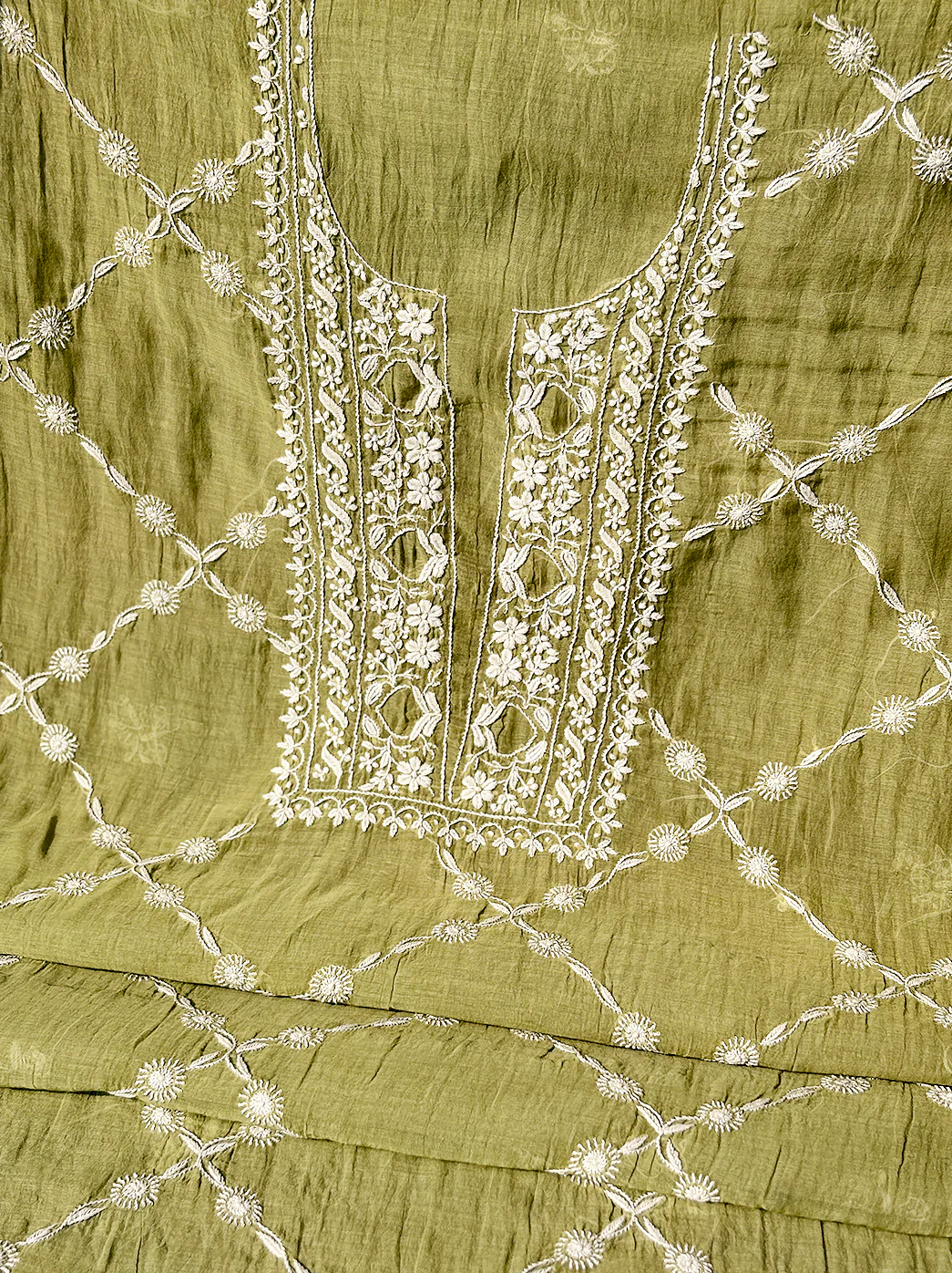 Sofiyana Mul Chanderi Un-stitched Chikankari Kurti Piece with Dupatta - Green - Image 2
