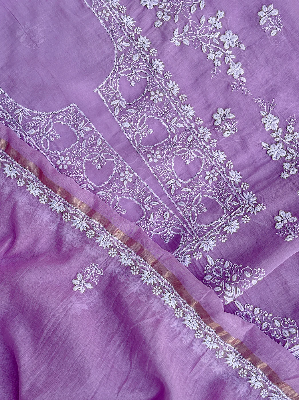 Sofiyana Mul Chanderi Un-stitched Chikankari Kurti Piece with Dupatta - Lilac - Image 3