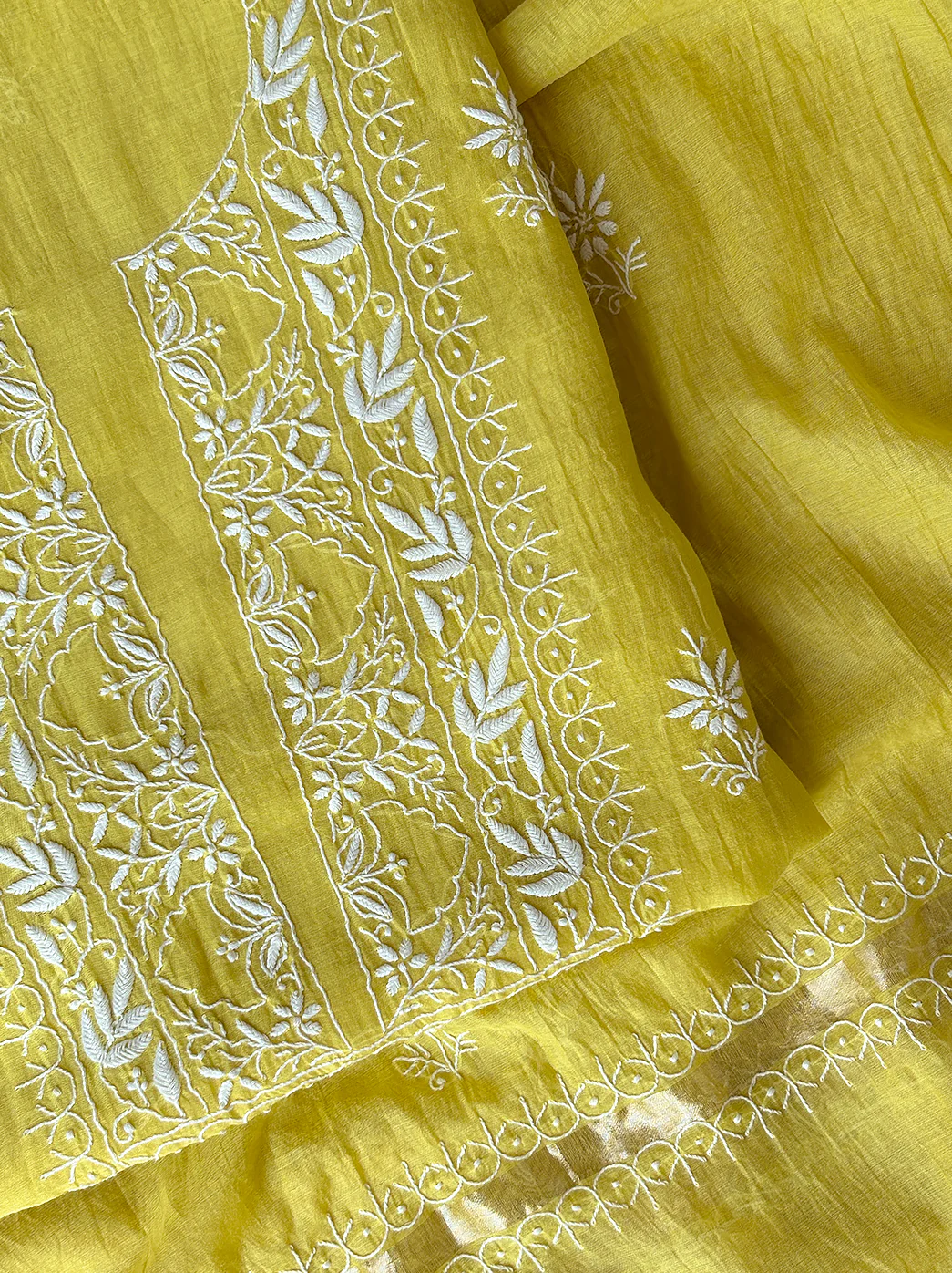 Sofiyana Mul Chanderi Un-stitched Chikankari Kurti Piece with Dupatta - Lime Yellow - Image 2