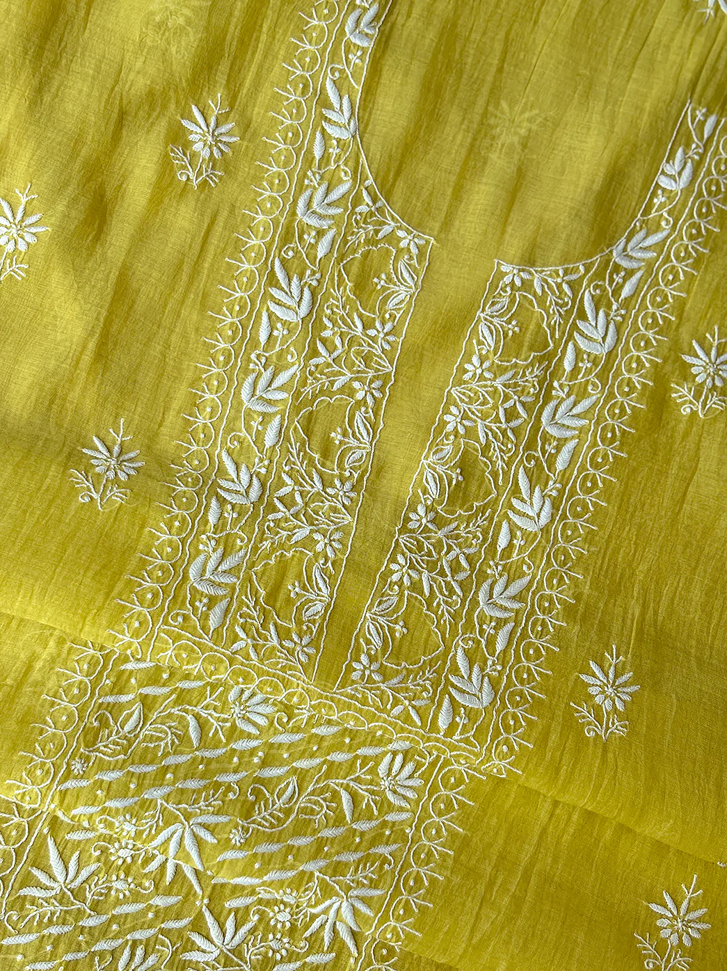 Sofiyana Mul Chanderi Un-stitched Chikankari Kurti Piece with Dupatta - Lime Yellow - Image 4