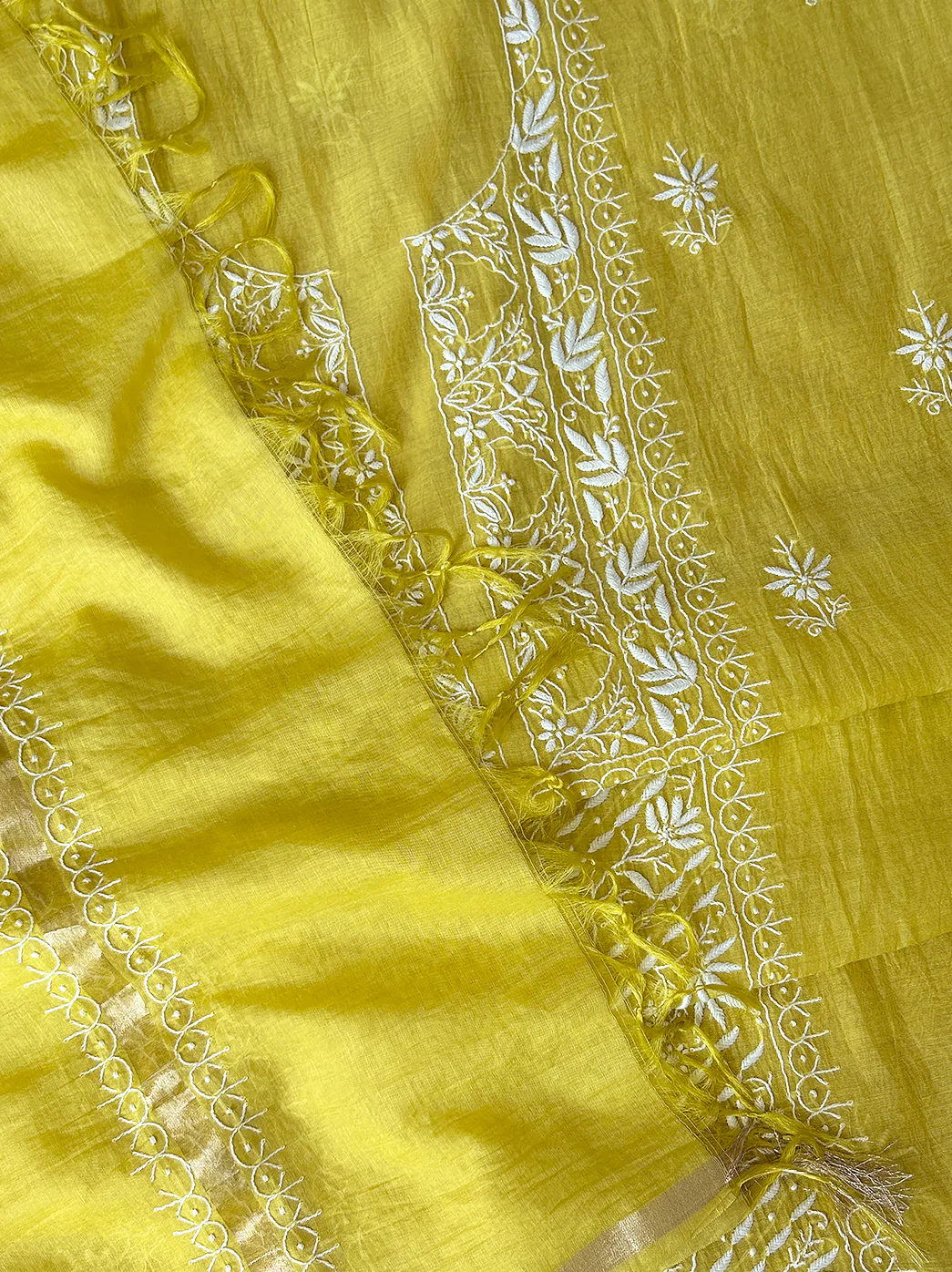 Sofiyana Mul Chanderi Un-stitched Chikankari Kurti Piece with Dupatta - Lime Yellow - Image 5