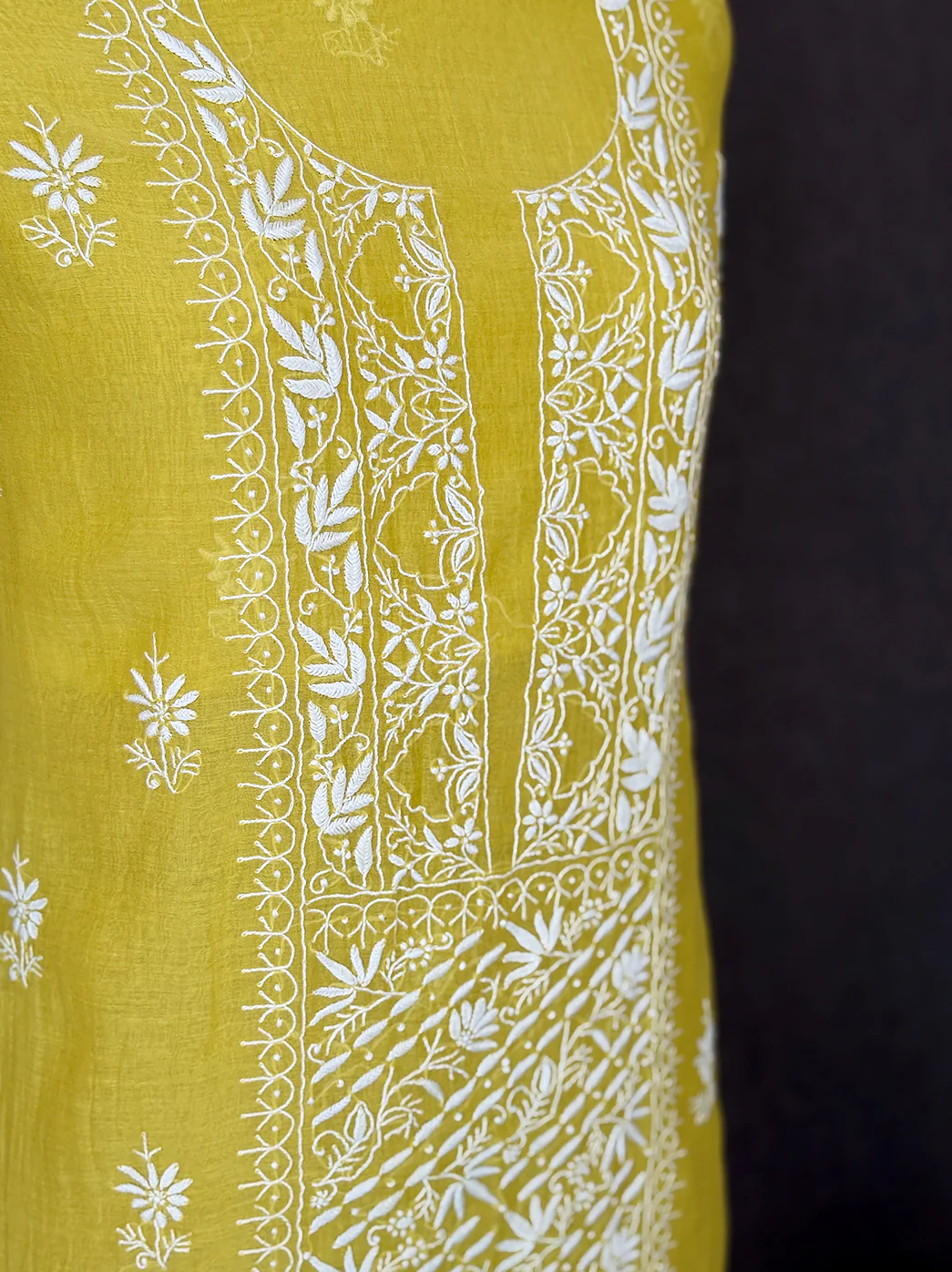 Sofiyana Mul Chanderi Un-stitched Chikankari Kurti Piece with Dupatta - Lime Yellow - Image 6