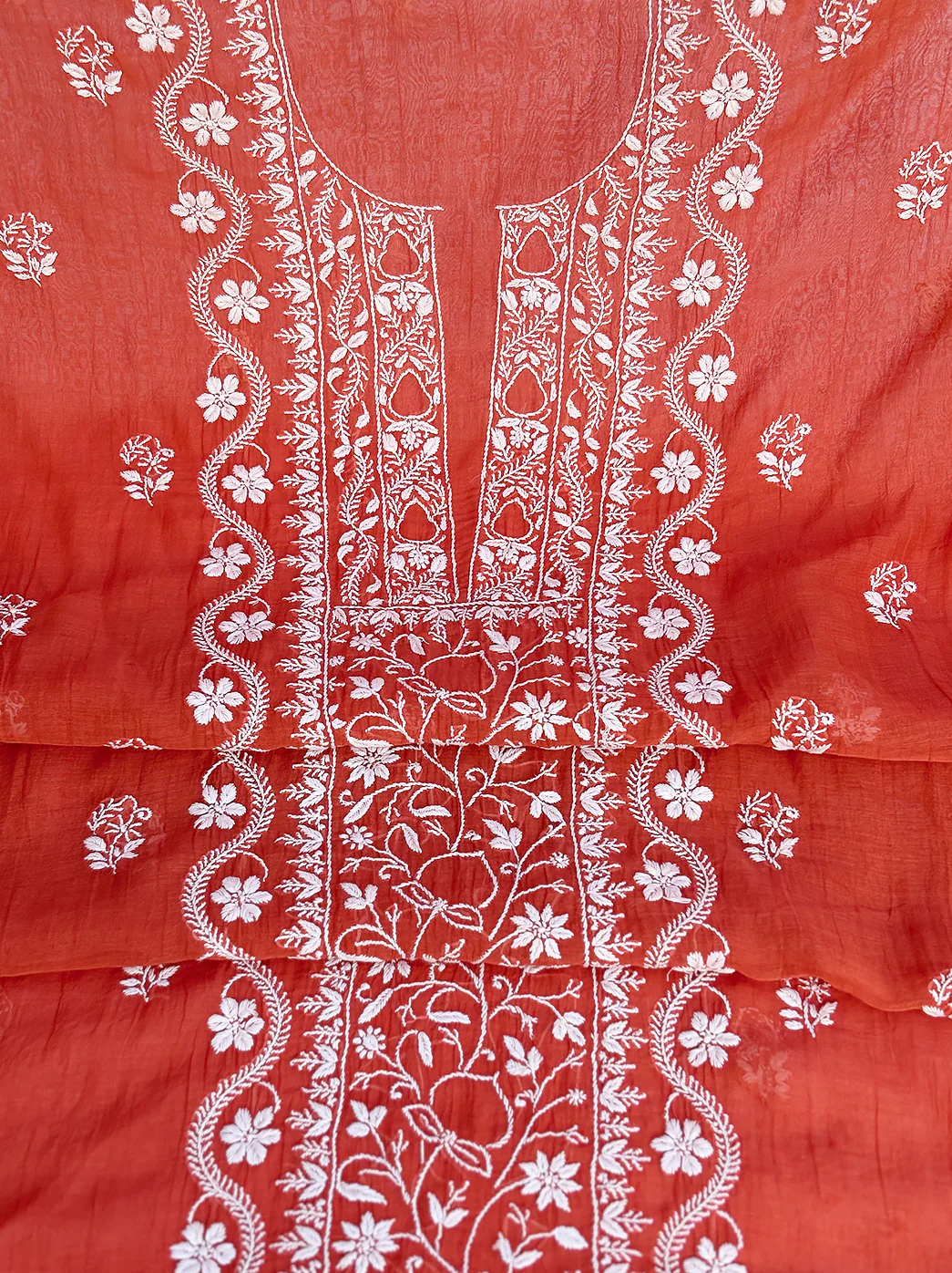 Sofiyana Mul Chanderi Un-stitched Chikankari Kurti Piece with Dupatta - Orange - Image 2