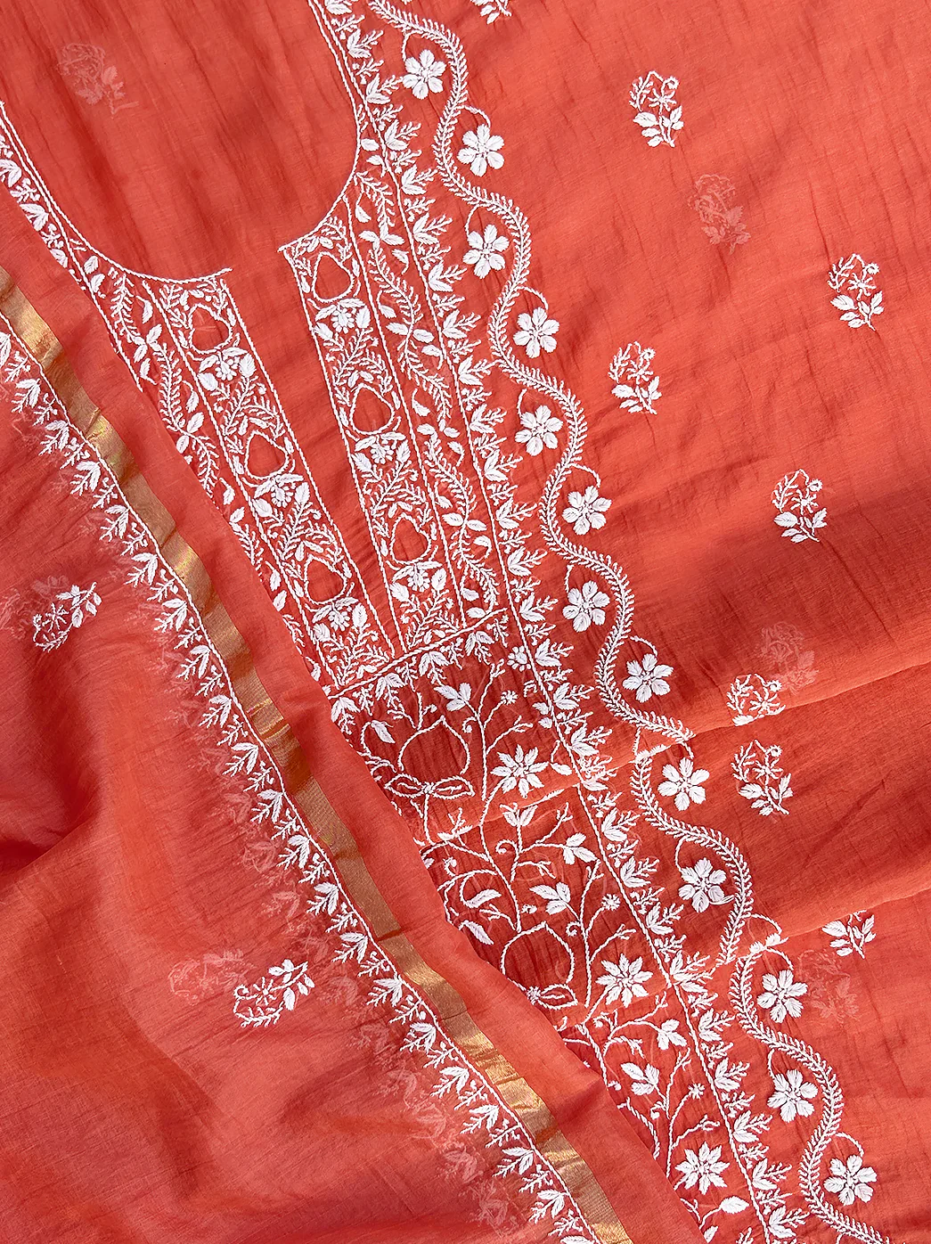 Sofiyana Mul Chanderi Un-stitched Chikankari Kurti Piece with Dupatta - Orange - Image 3