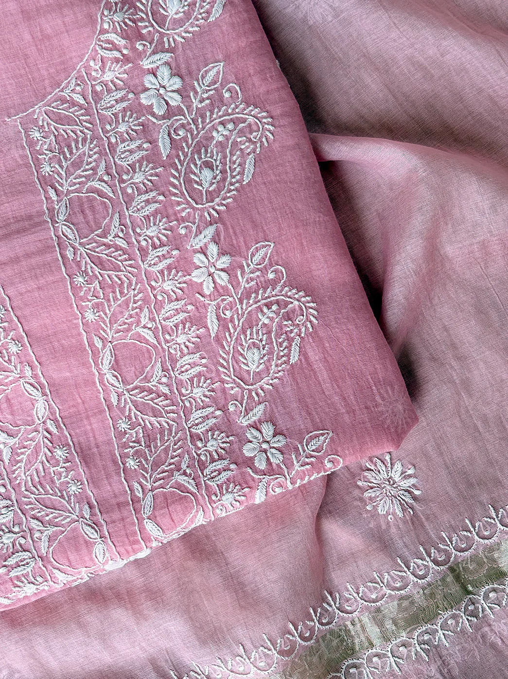 Sofiyana Mul Chanderi Un-stitched Chikankari Kurti Piece with Dupatta - Pink - Image 2