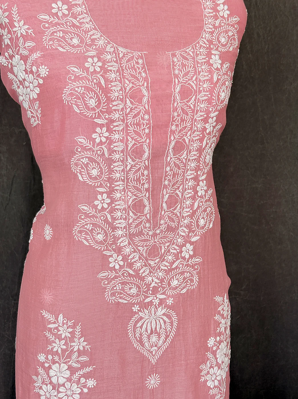 Sofiyana Mul Chanderi Un-stitched Chikankari Kurti Piece with Dupatta - Pink - Image 4