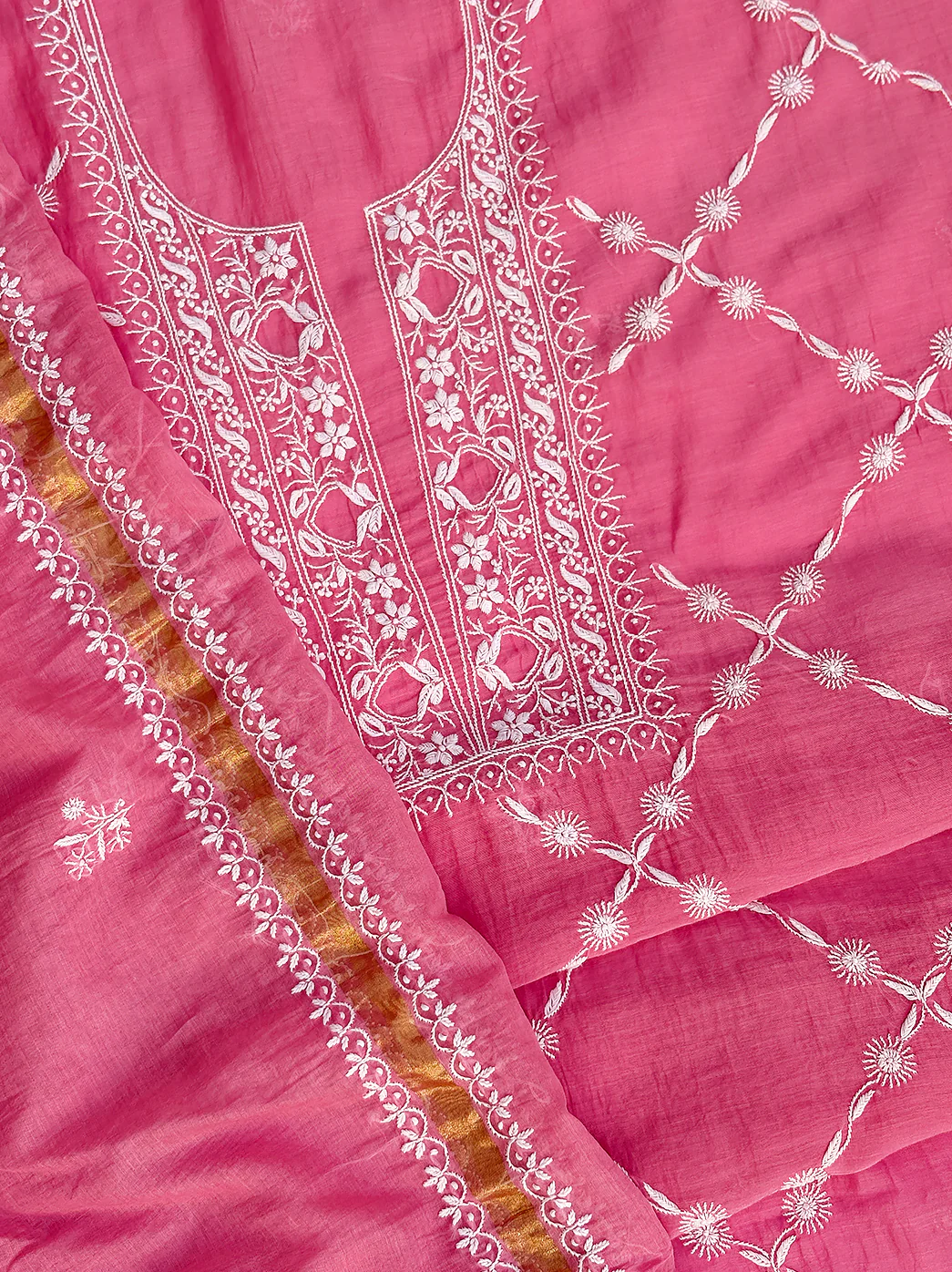 Sofiyana Mul Chanderi Un-stitched Chikankari Kurti Piece with Dupatta - Pink - Image 3