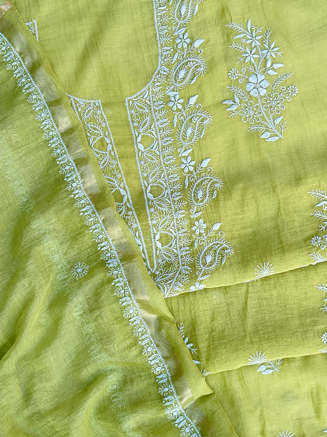 Sofiyana Mul Chanderi Un-stitched Chikankari Kurti Piece with Dupatta - Pista Green - Image 3
