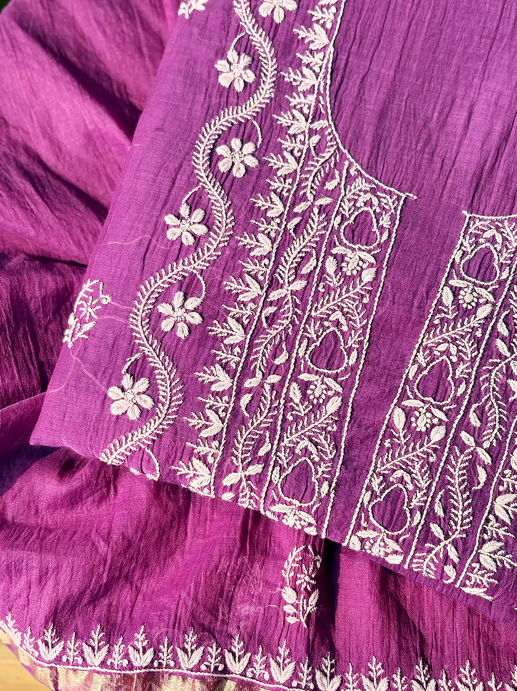 Sofiyana Mul Chanderi Un-stitched Chikankari Kurti Piece with Dupatta - Purple - Image 3