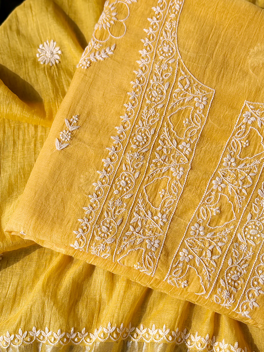 Sofiyana Mul Chanderi Un-stitched Chikankari Kurti Piece with Dupatta - Yellow - Image 3
