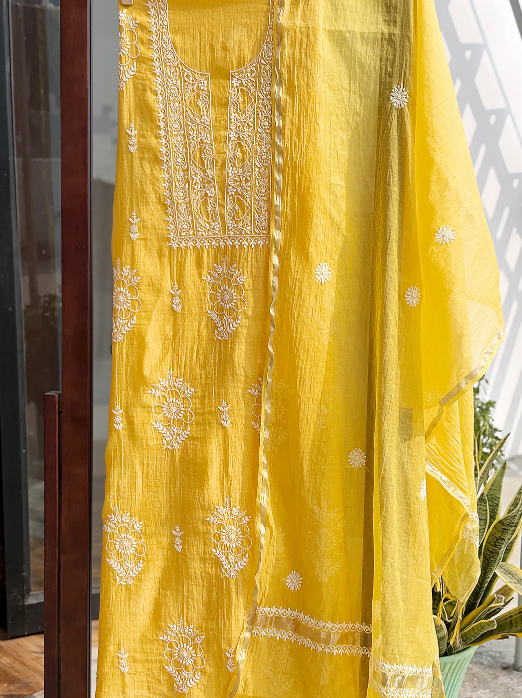 Sofiyana Mul Chanderi Un-stitched Chikankari Kurti Piece with Dupatta - Yellow - Image 4