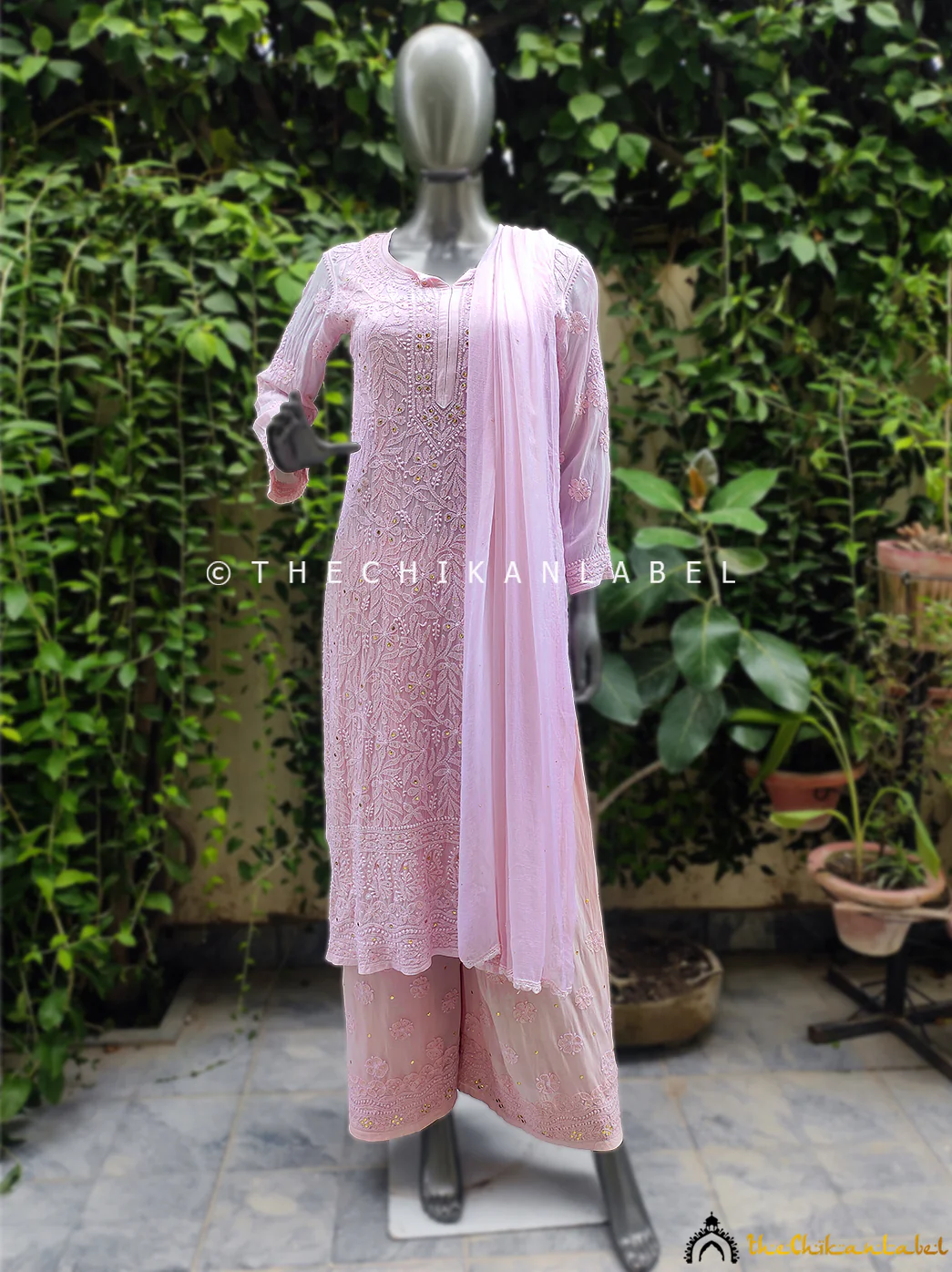 Sukhmani Gambhir Sitara Chikankari Viscose Kurta Set with Dupatta - Champagne - Image 12
