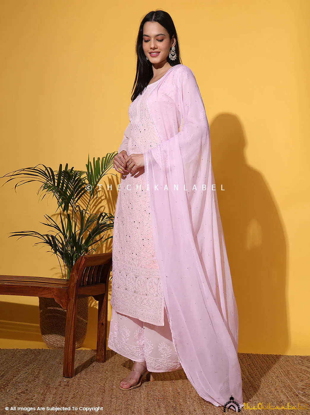 Sukhmani Gambhir Sitara Chikankari Viscose Kurta Set with Dupatta - Champagne - Image 5